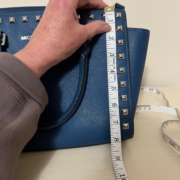 Michael Kors Selma Medium Studded Blue Saffiano Leather Crossbody Handbag - Picture 13 of 15